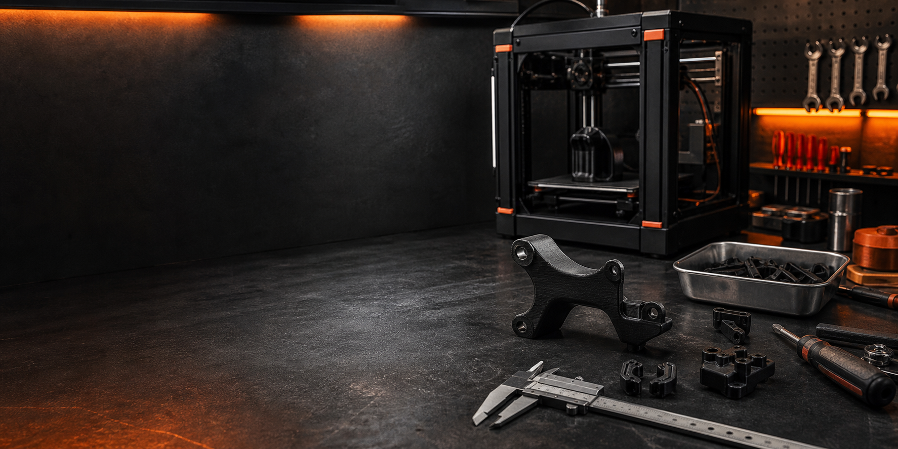 Werkbank mit 3D-Drucker, Werkzeugen und gedruckten Kunststoffteilen